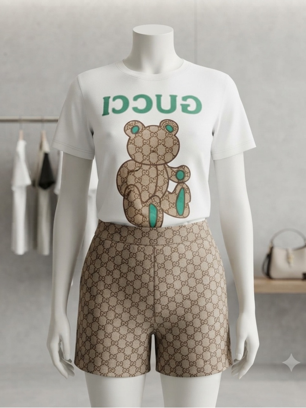 White Tee with Brown Teddy and Teal Accents